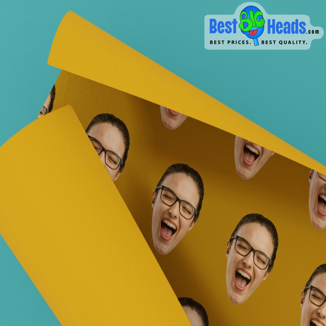 Custom gift wrap featuring a smiling woman's face with glasses, printed on a yellow background and partially rolled up.